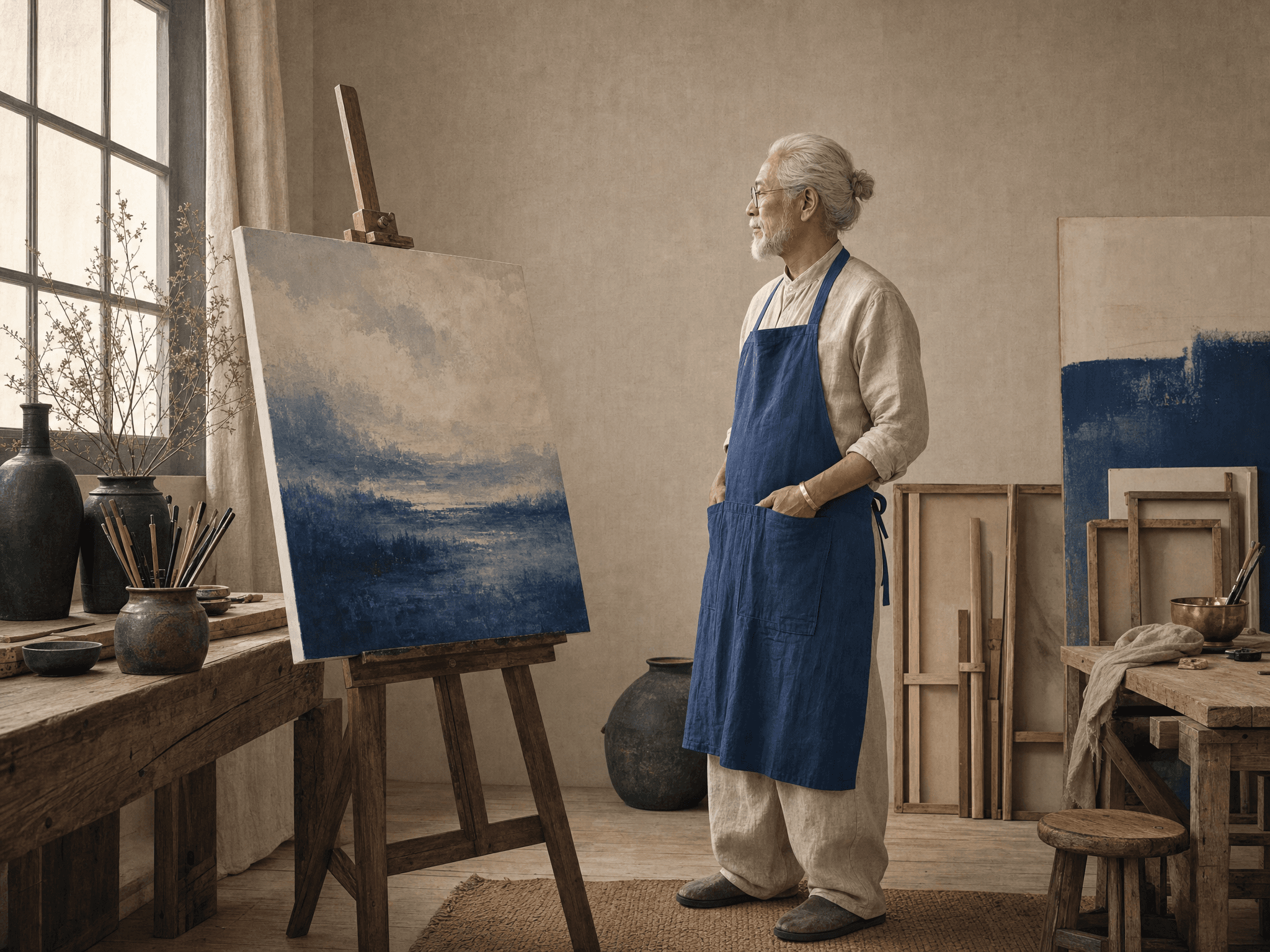 A master painter standing proudly in his atelier, a copper bracelet glowing on his wrist