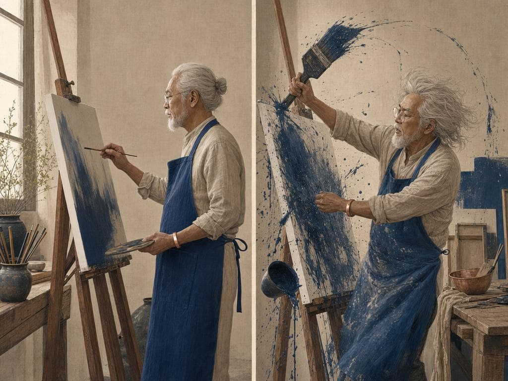 A painter making a tiny, careful brushstroke vs the same painter wildly repainting