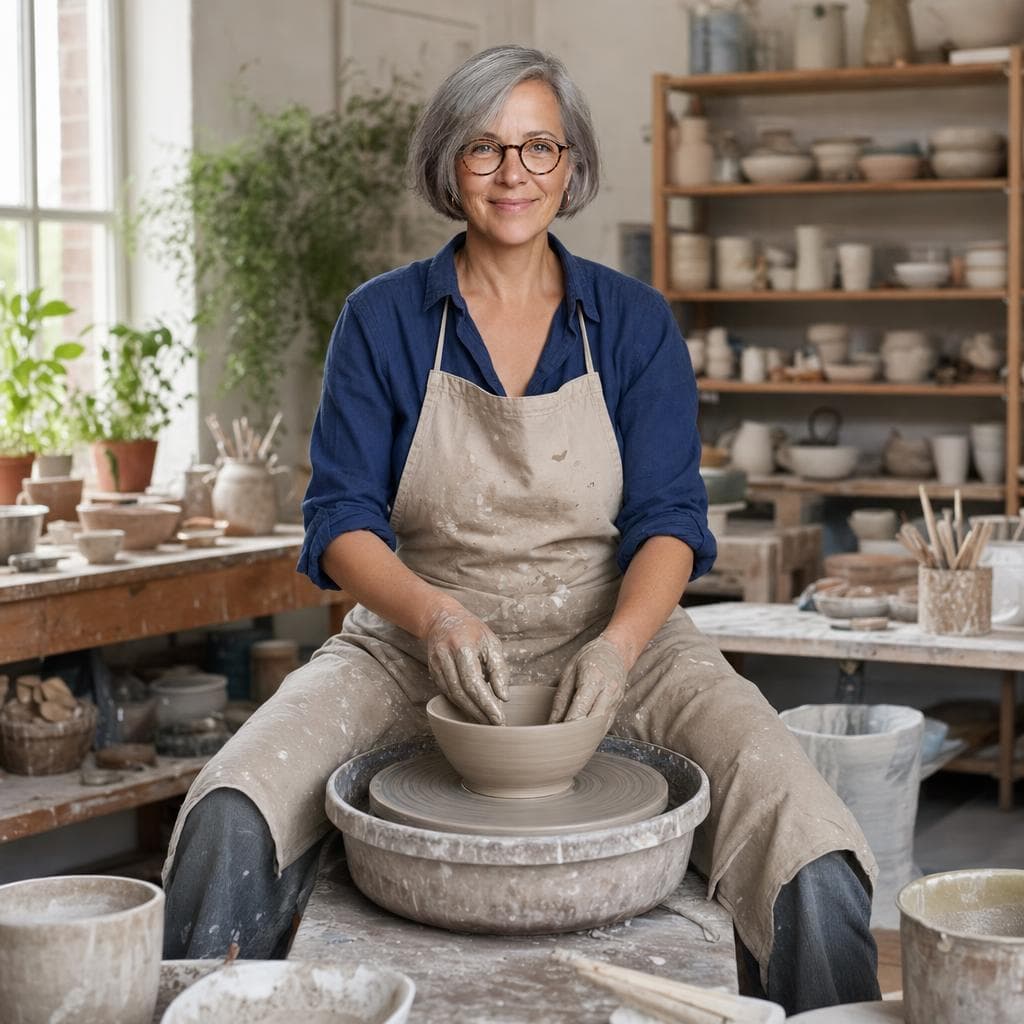 MARA at a pottery wheel, wide shot