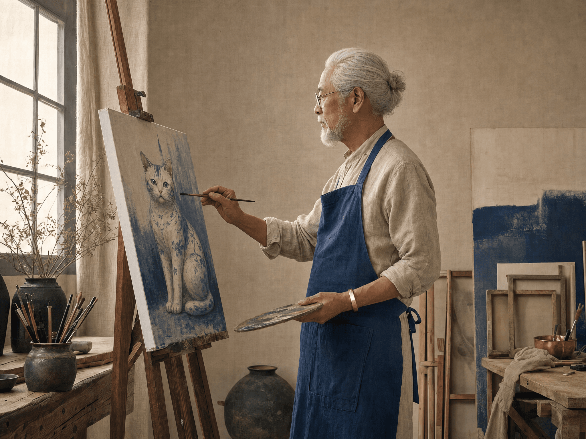 The painter mid-brushstroke with the copper bracelet on