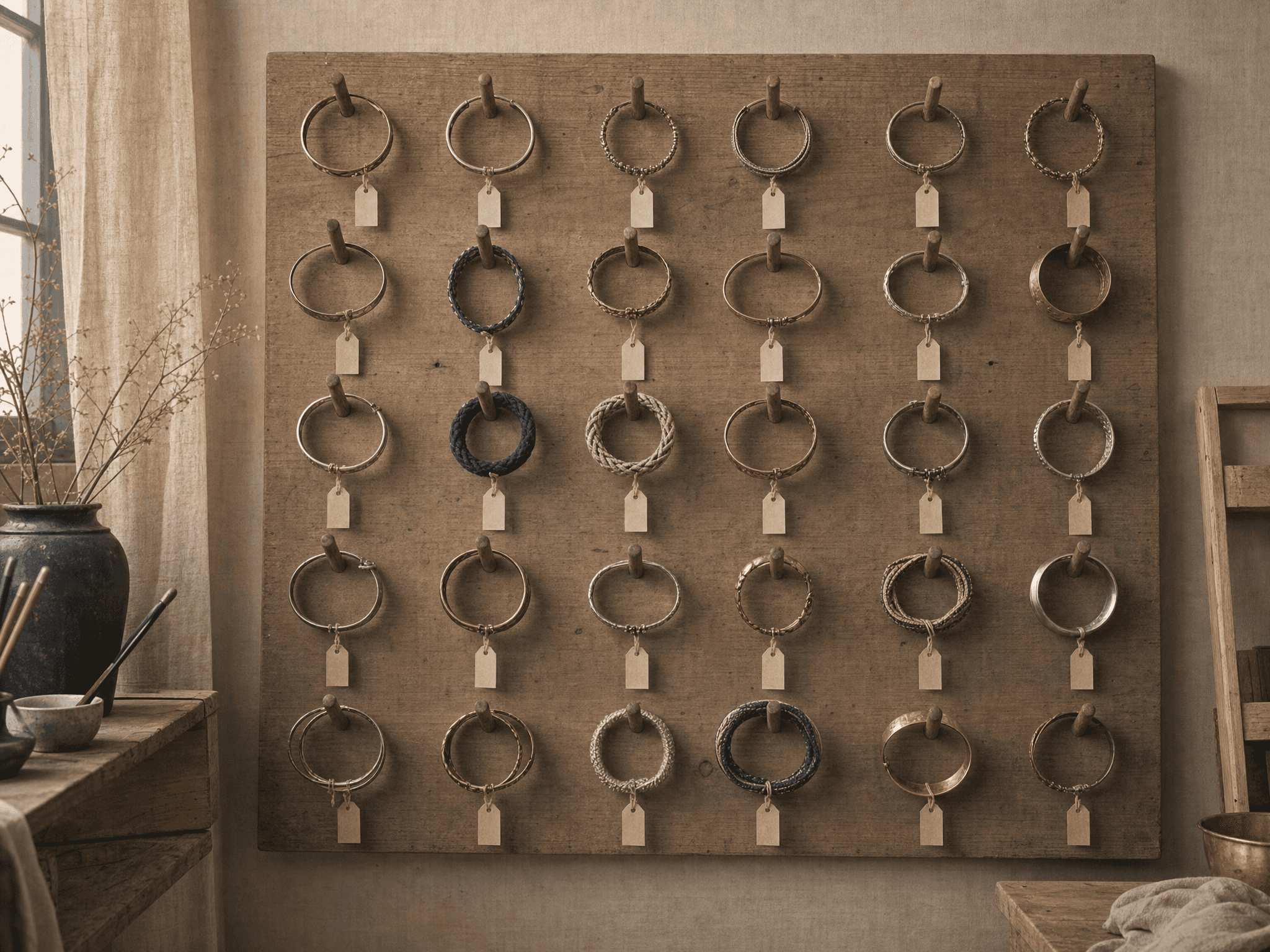 A pegboard wall of different bracelets in a workshop