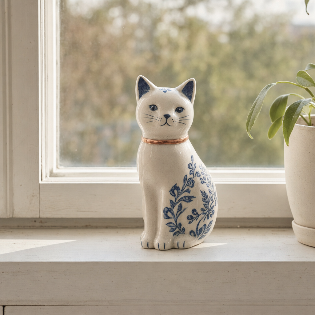 a photo of TOK ceramic cat figurine on a sunny windowsill beside a potted plant