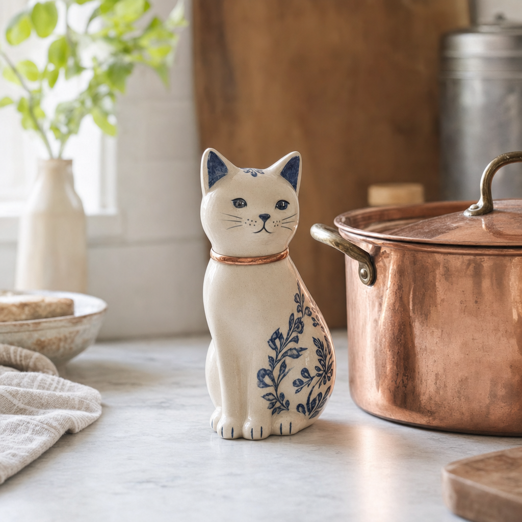 a close-up photo of TOK ceramic cat figurine, copper collar visible