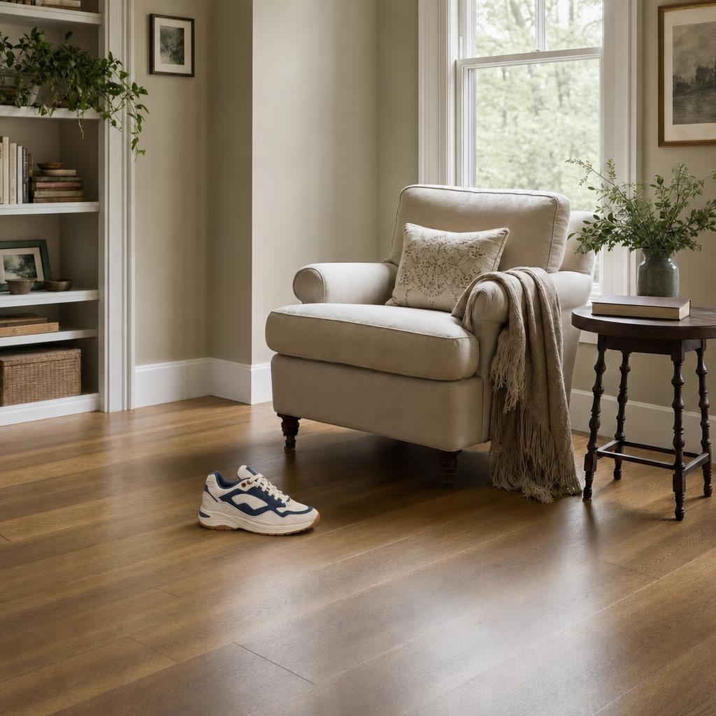 Result: the same room, the product on the floor, consistent down to its shadow.